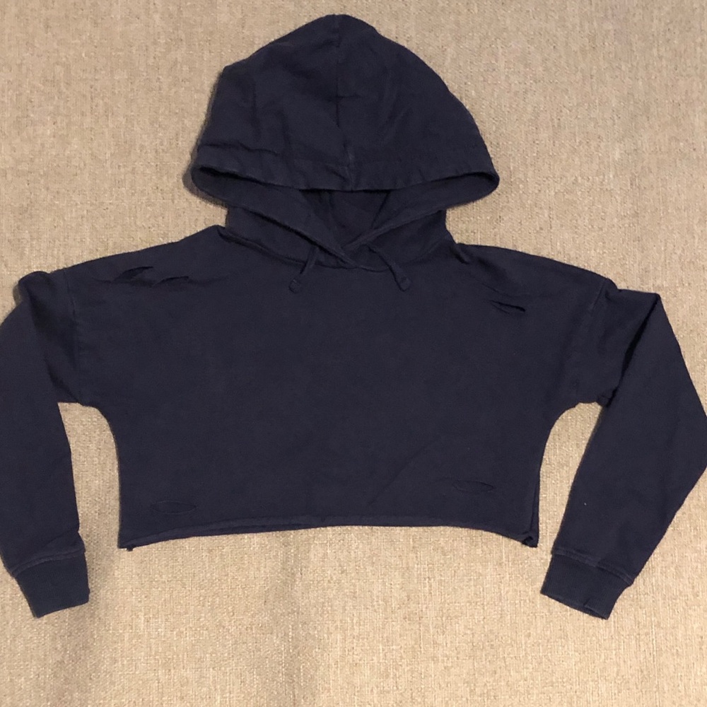 Girls Distressed Cropped Hooded Sweatshirt Blue L